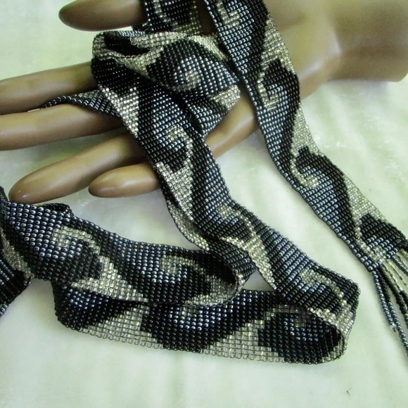 vintage 56-inch necklace or belt, beaded in blue, white, black wave pattern